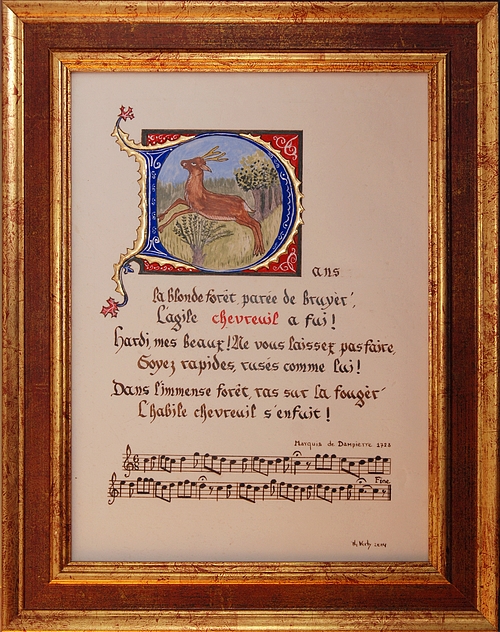 Partition pour trompe de chasse, le chevreuil, enluminure par Thérèse VERLY, Belgique