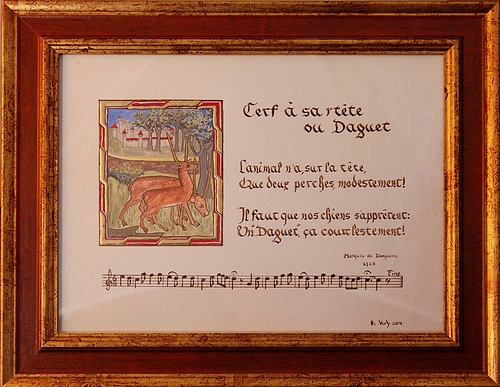 Partition pour trompe de chasse, le daguet, Enluminure par Thérèse VERLY, Belgique